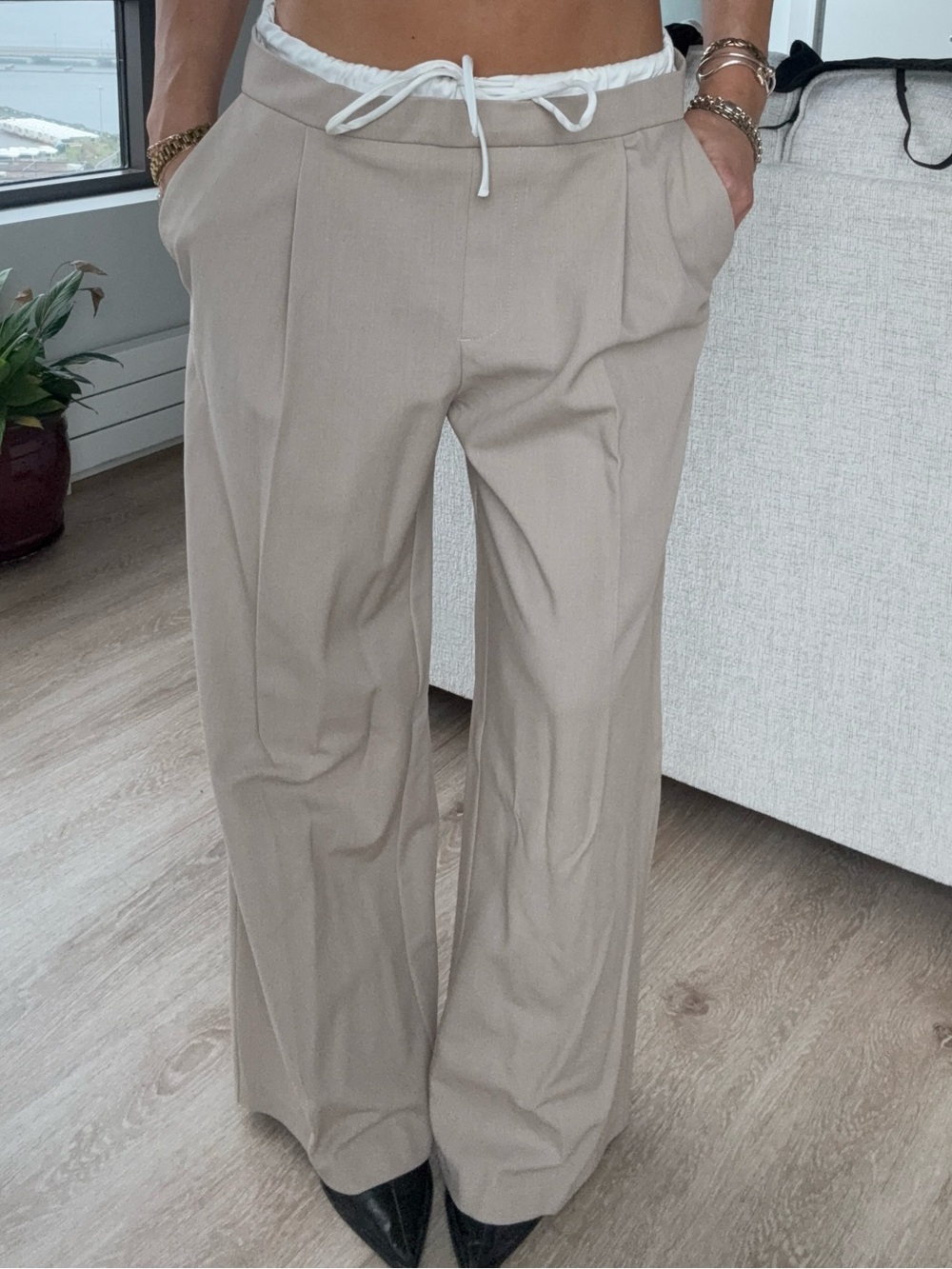 Neutral Beige Pleated Drawstring Trousers